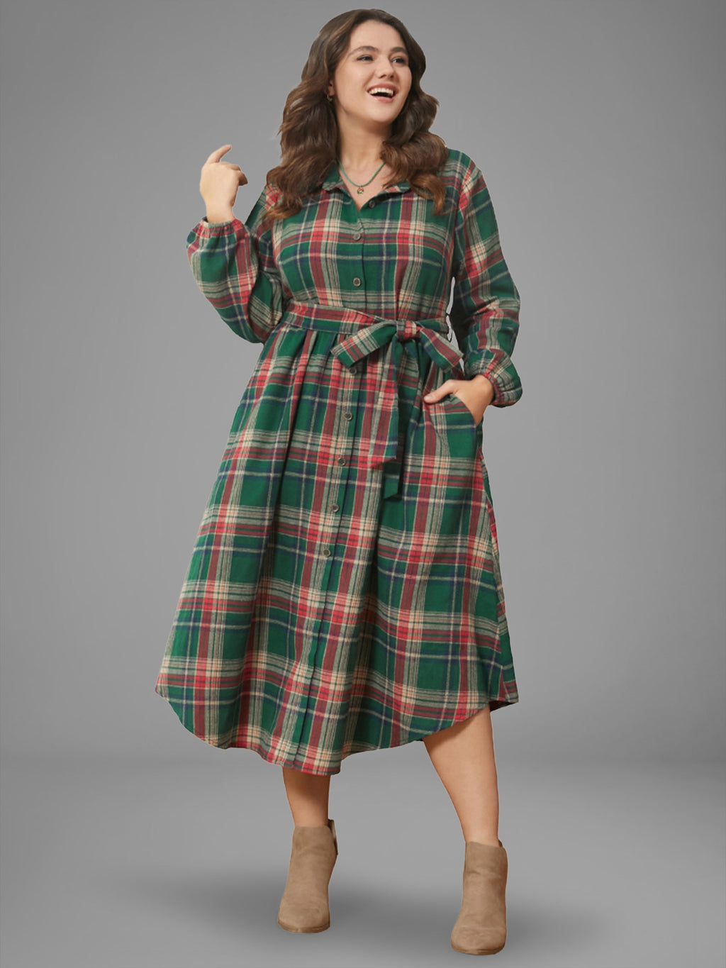 Plaid Button Detail Pocket Belted Arc Hem Dress