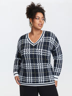 Checkered Pattern Jacquard V-Neck Pullover