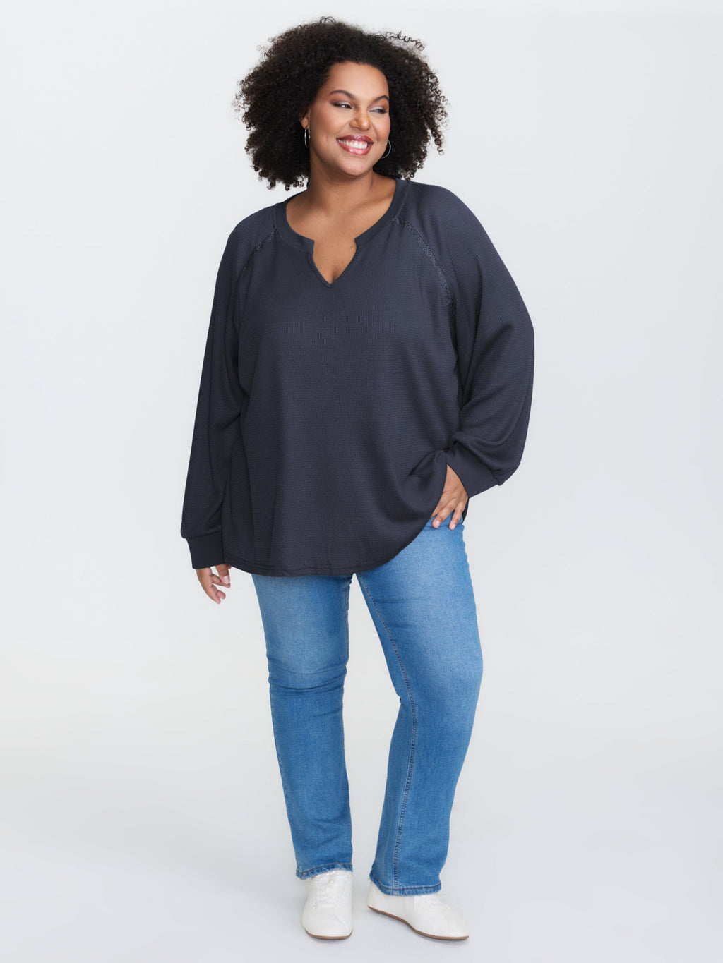 Waffle Grid Notched Collar Lace Sweatshirt