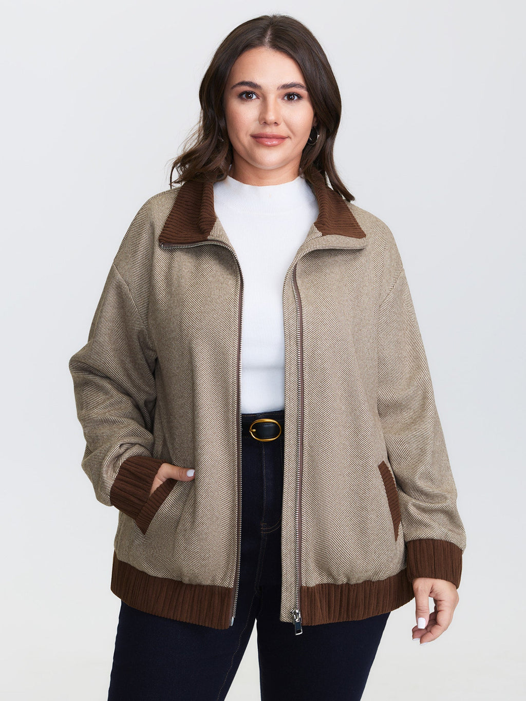 Spliced Color Contrast Pockets Zipper Jacket