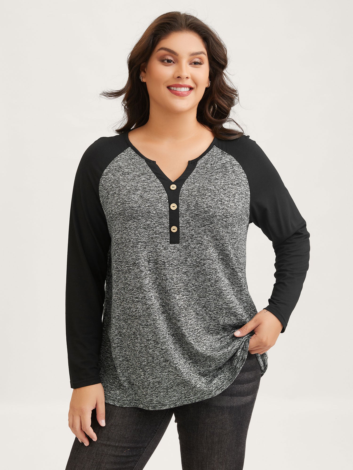 Heather Patchwork Button Detail Stretchy T-Shirt