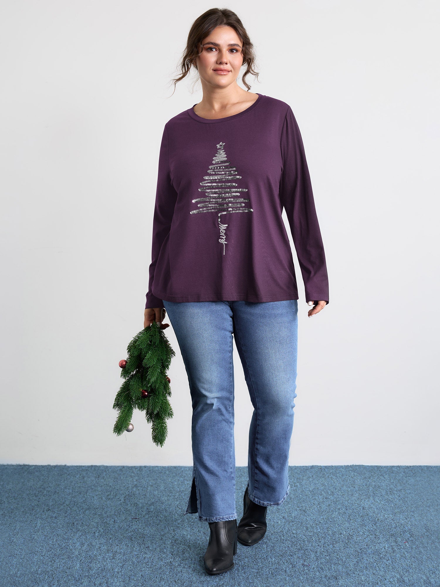 Sequin Cord Embroidered Tree Round Neck T-Shirt