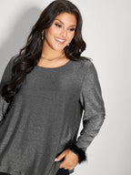 Shiny Silk Fur Cuffs Blouse