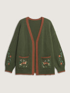 Holiday Fox Jacquard Pattern Knit Cardigan