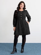 Tweed Metal Button Stretchy Waist Knee Dress