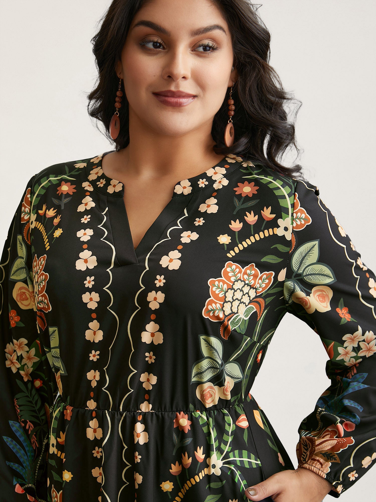 Floral Print Notched Collar Elastic Waist Dress