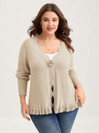 Supersoft Textured Floral Button Ruffled Hem Knit Cardigan