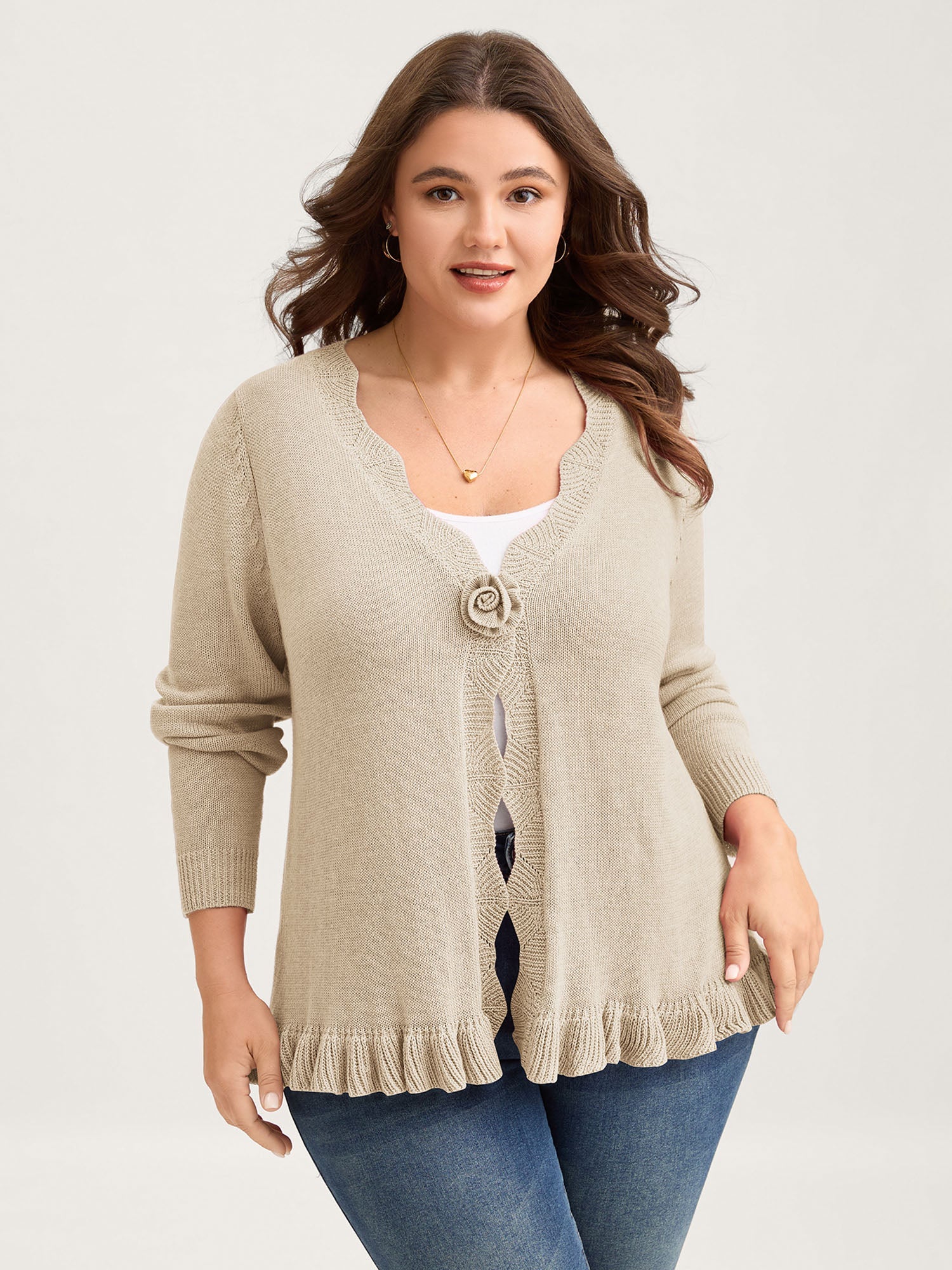 Supersoft Textured Floral Button Ruffled Hem Knit Cardigan