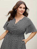 Geometric Print Waist-Cinched Tiered Midi Dress