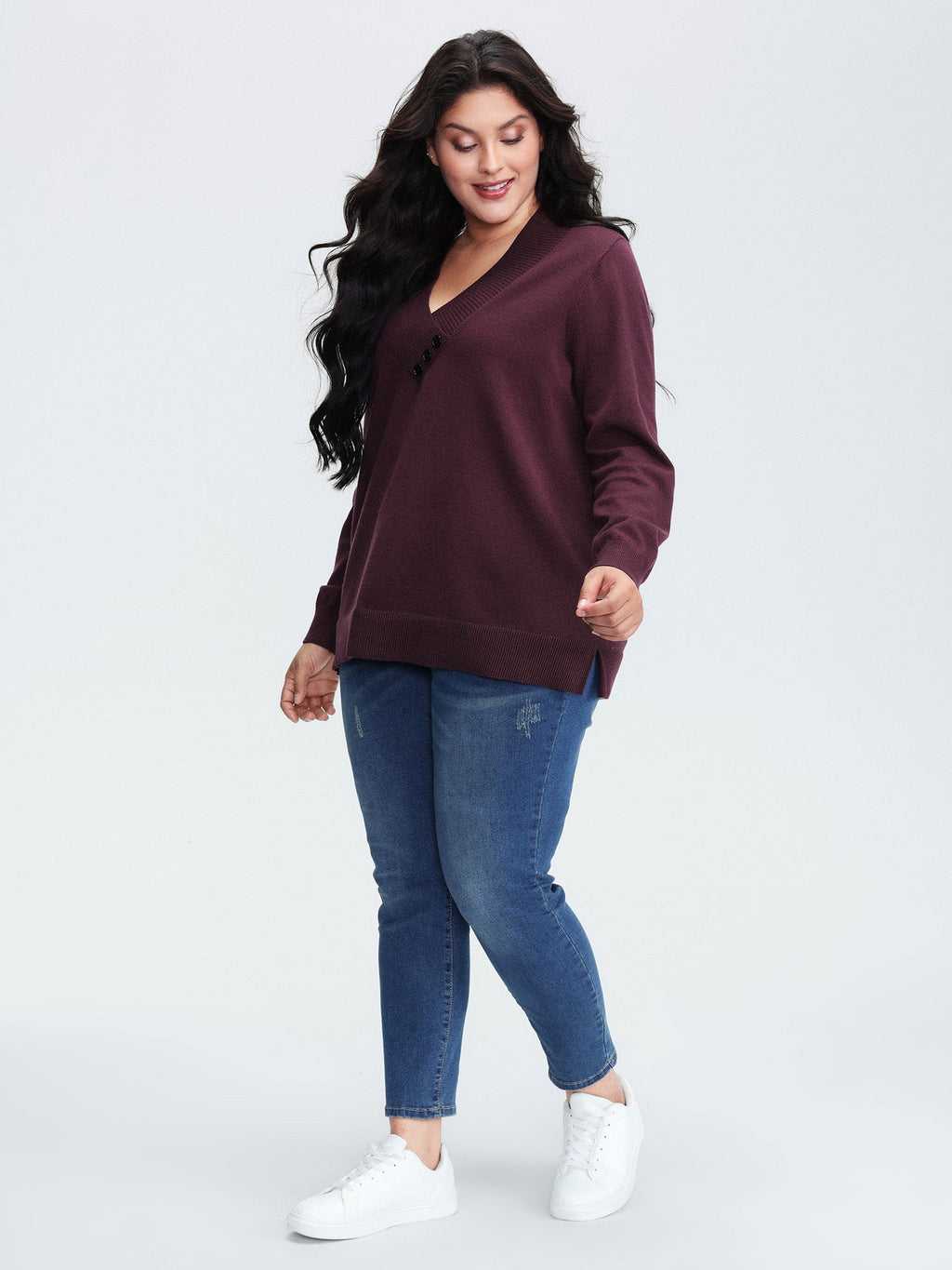 V-Neck Button Detail Plain Pullover
