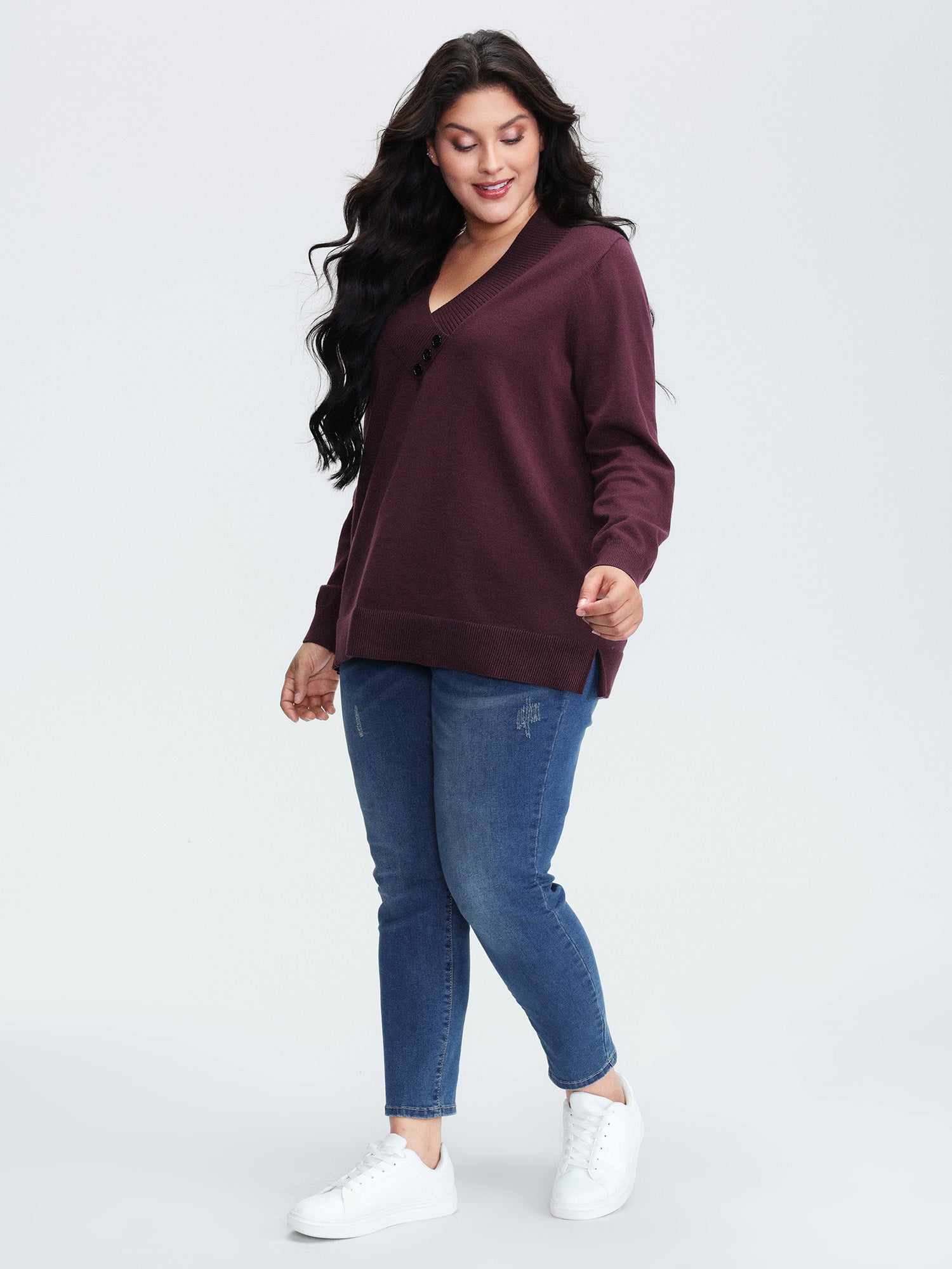 V-Neck Button Detail Plain Pullover