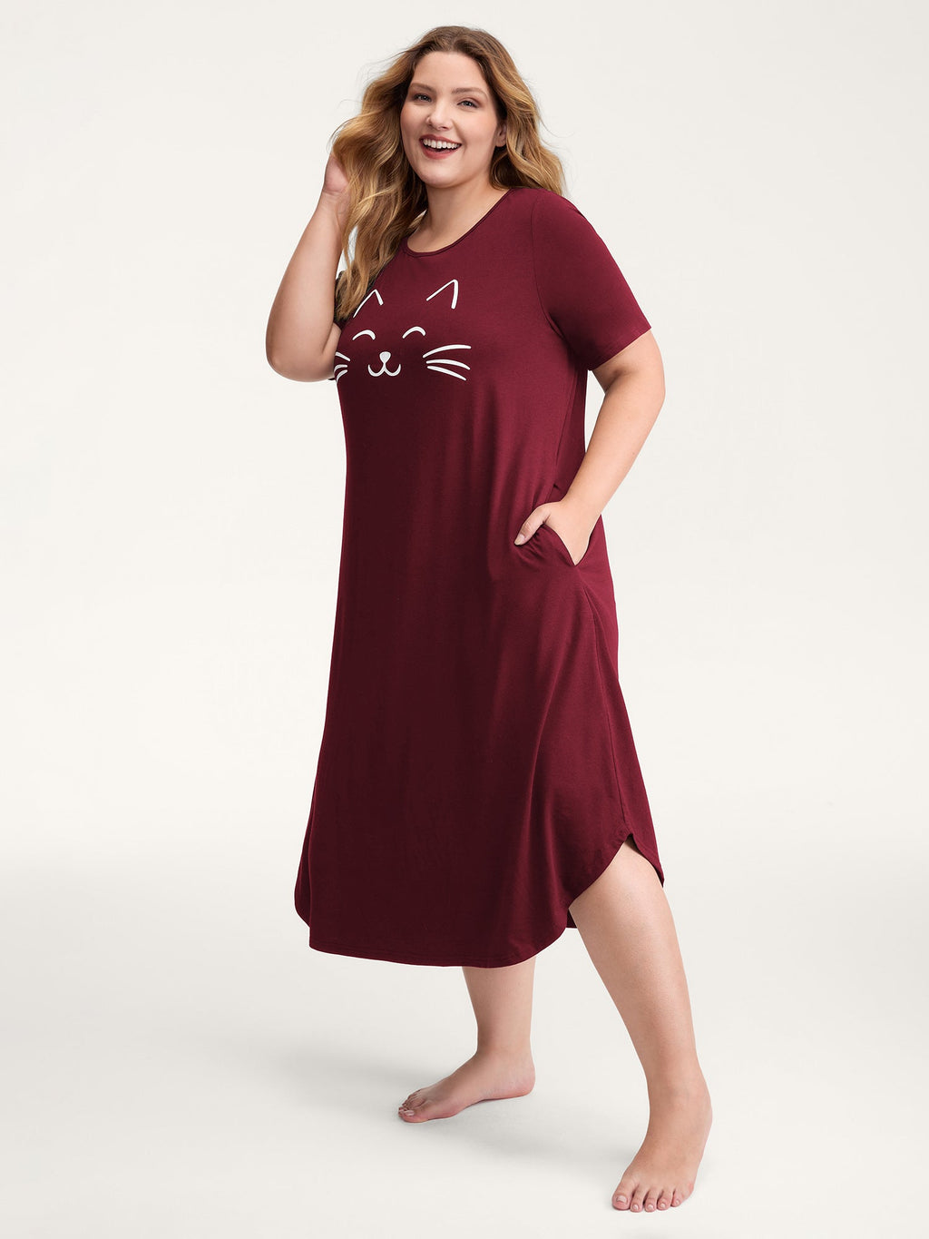 Happy Cat Print Stretchy Contrast Sleep Dress