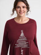 Sequin Cord Embroidered Tree Round Neck T-Shirt