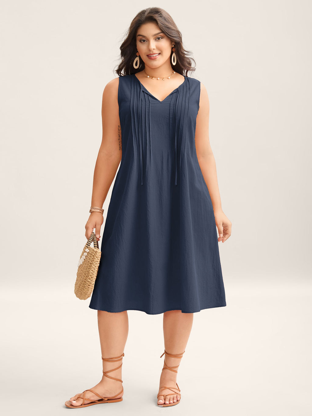 Cotton Toothpick Pleat Plain Midi Dress