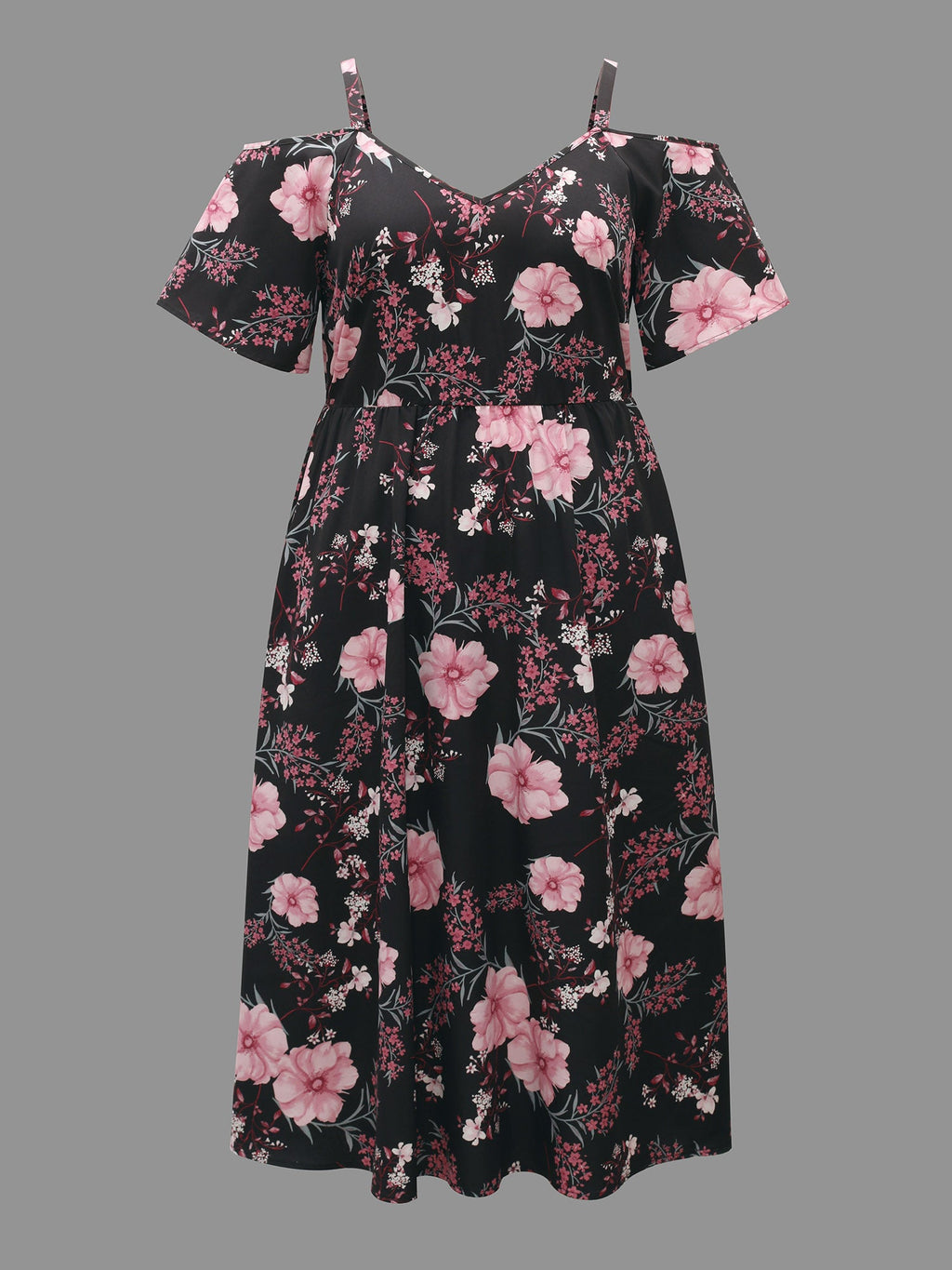 Floral Print Cold-Shoulder Pockets Midi Dress