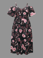 Floral Print Cold-Shoulder Pockets Midi Dress