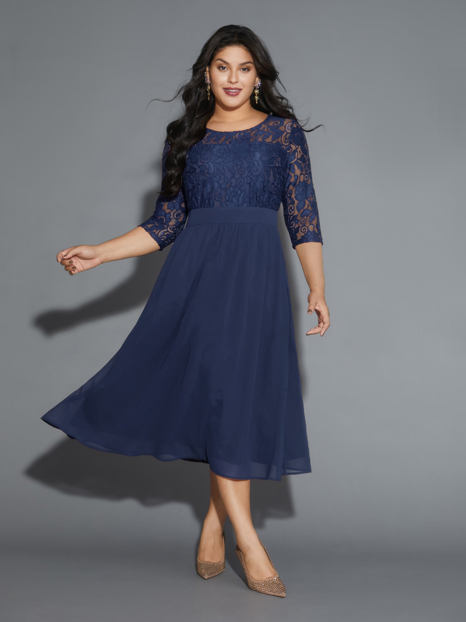 Lace Patchwork Shirred Midi Pocket Dress