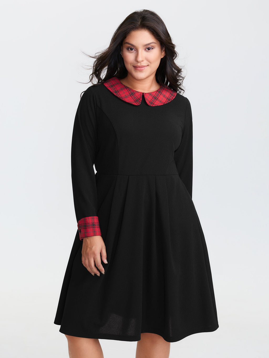 Plaid Collar Pleated Stretchy Waist Midi Dress