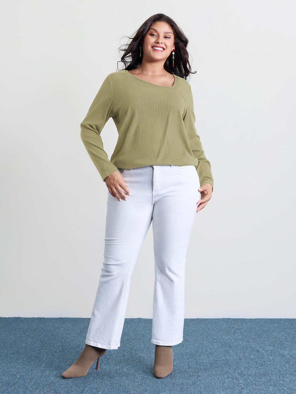 Super Stretchy Ribbed Asymmetrical Neck T-Shirt