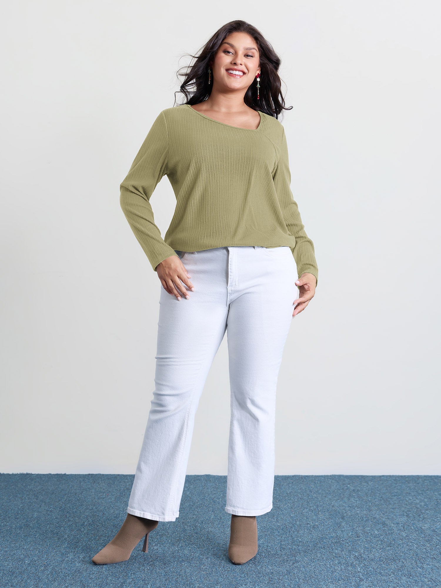 Super Stretchy Ribbed Asymmetrical Neck T-Shirt