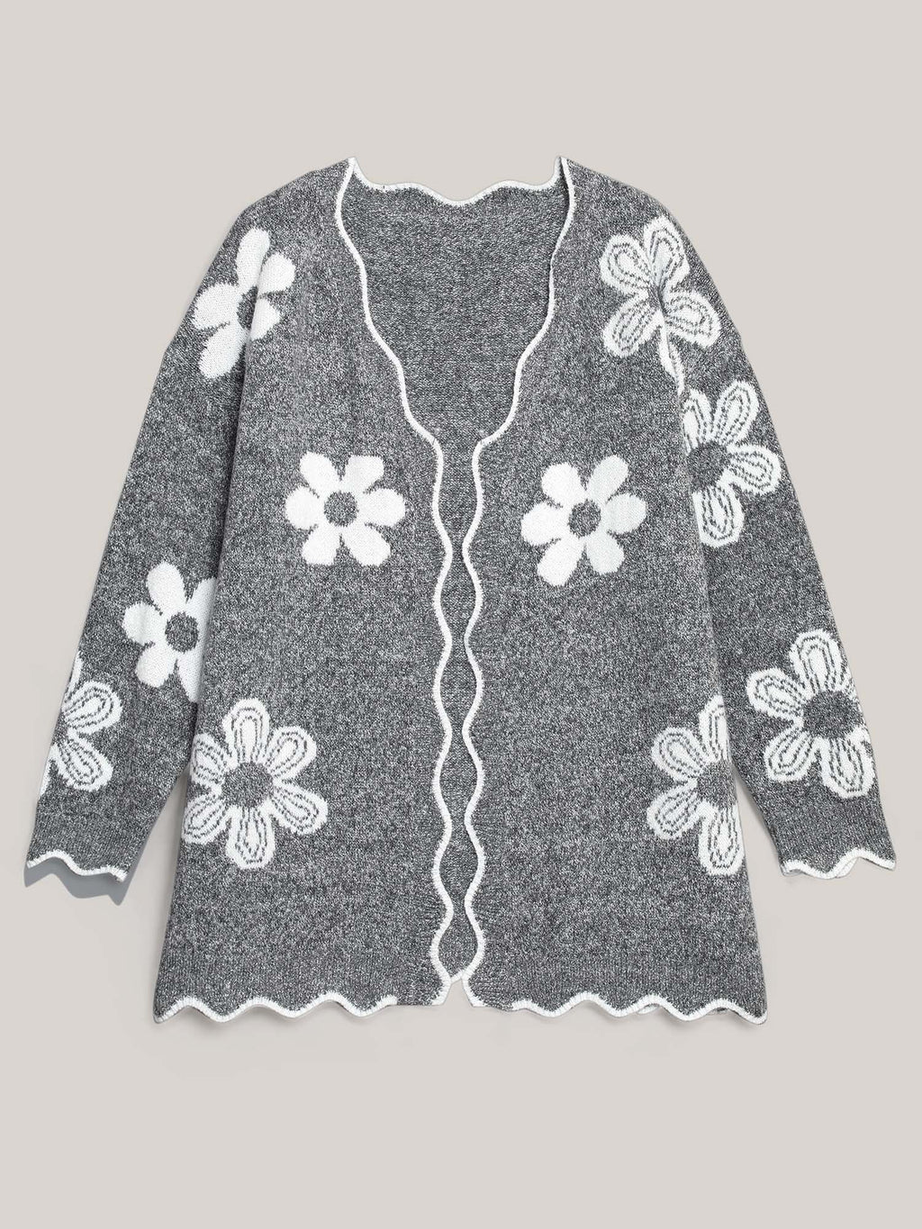 Floral Pattern Open-Front Knitted Cardigan