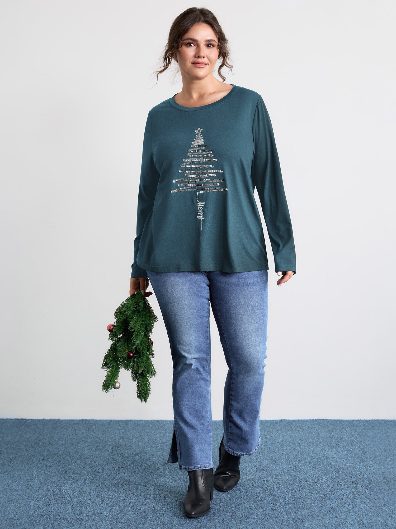 Sequin Cord Embroidered Tree Round Neck T-Shirt