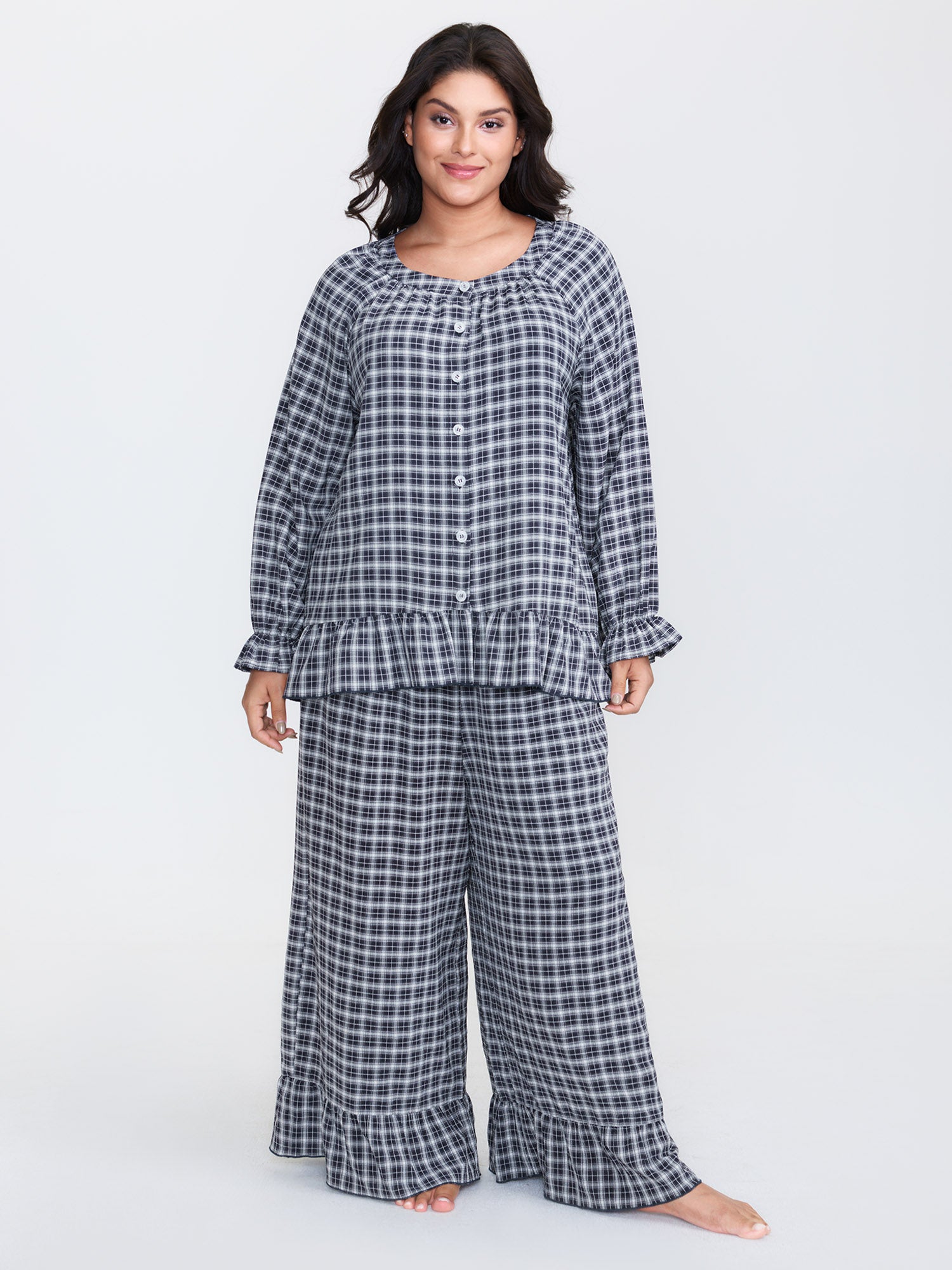 Gingham Ruffled Hem Loungewear Set
