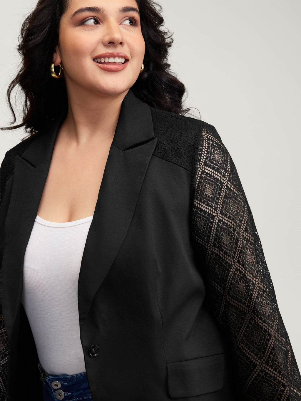 Stretchy Textured Sheer Sleeve Contrast Blazer