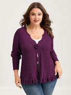 Supersoft Textured Floral Button Ruffled Hem Knit Cardigan