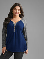 Heather Patchwork Button Detail Stretchy T-Shirt