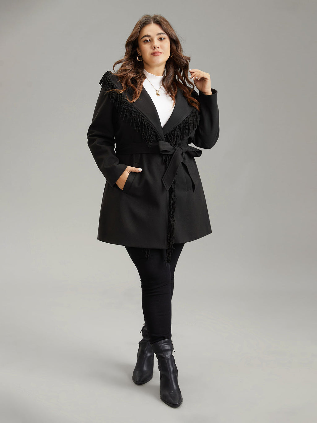 Tassels Trim Plain Lapel Collar Belted Coat