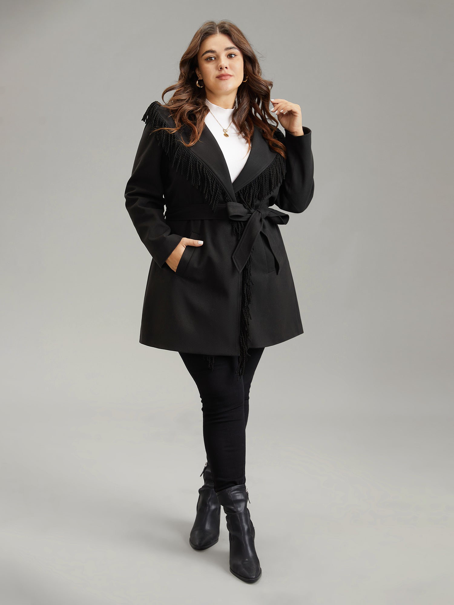 Tassels Trim Plain Lapel Collar Belted Coat