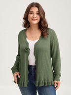 Supersoft Textured Floral Button Ruffled Hem Knit Cardigan