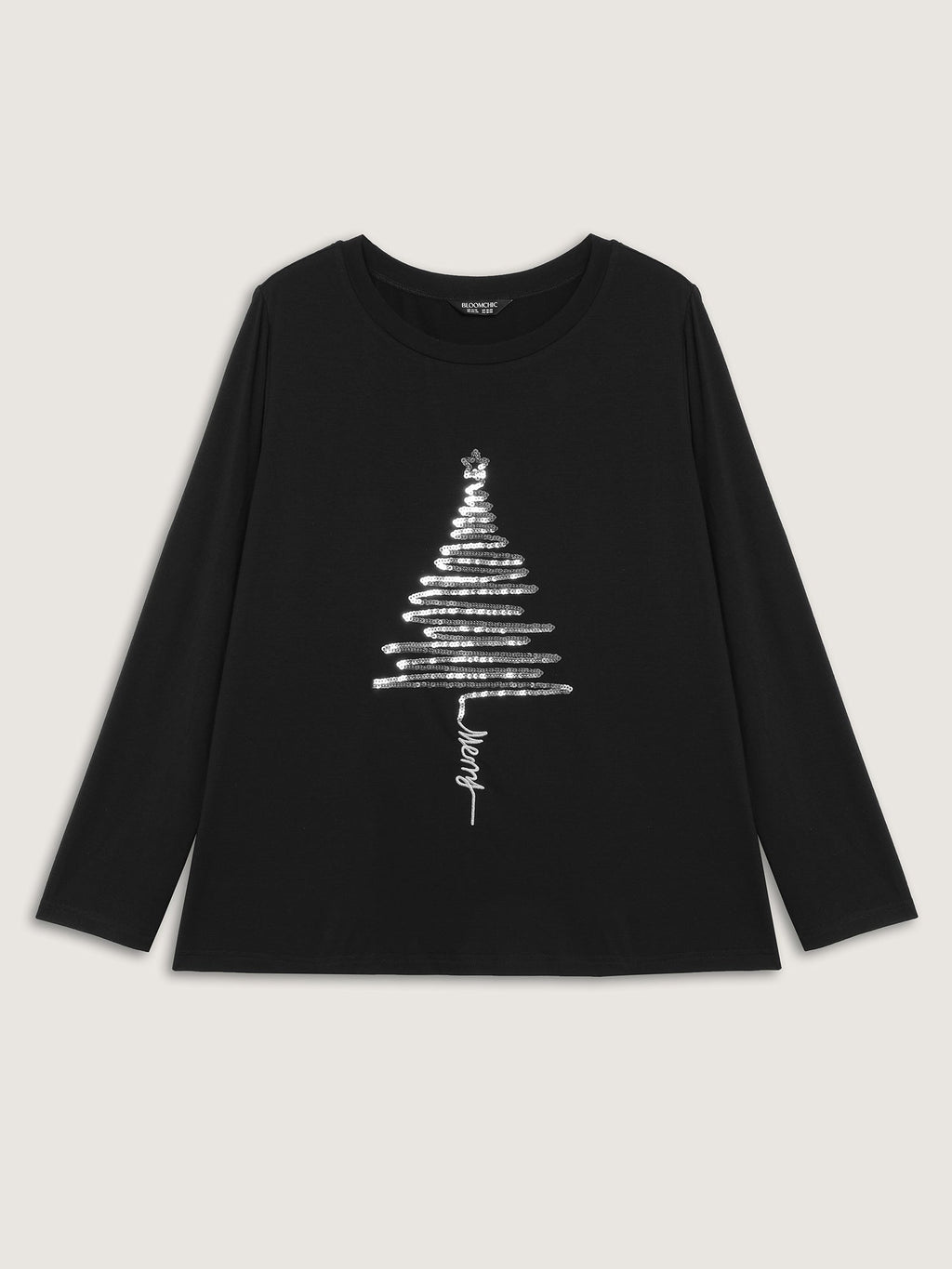 Sequin Cord Embroidered Tree Round Neck T-Shirt