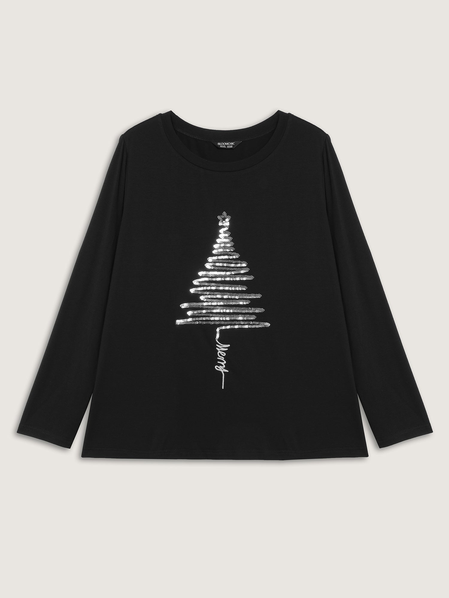 Sequin Cord Embroidered Tree Round Neck T-Shirt