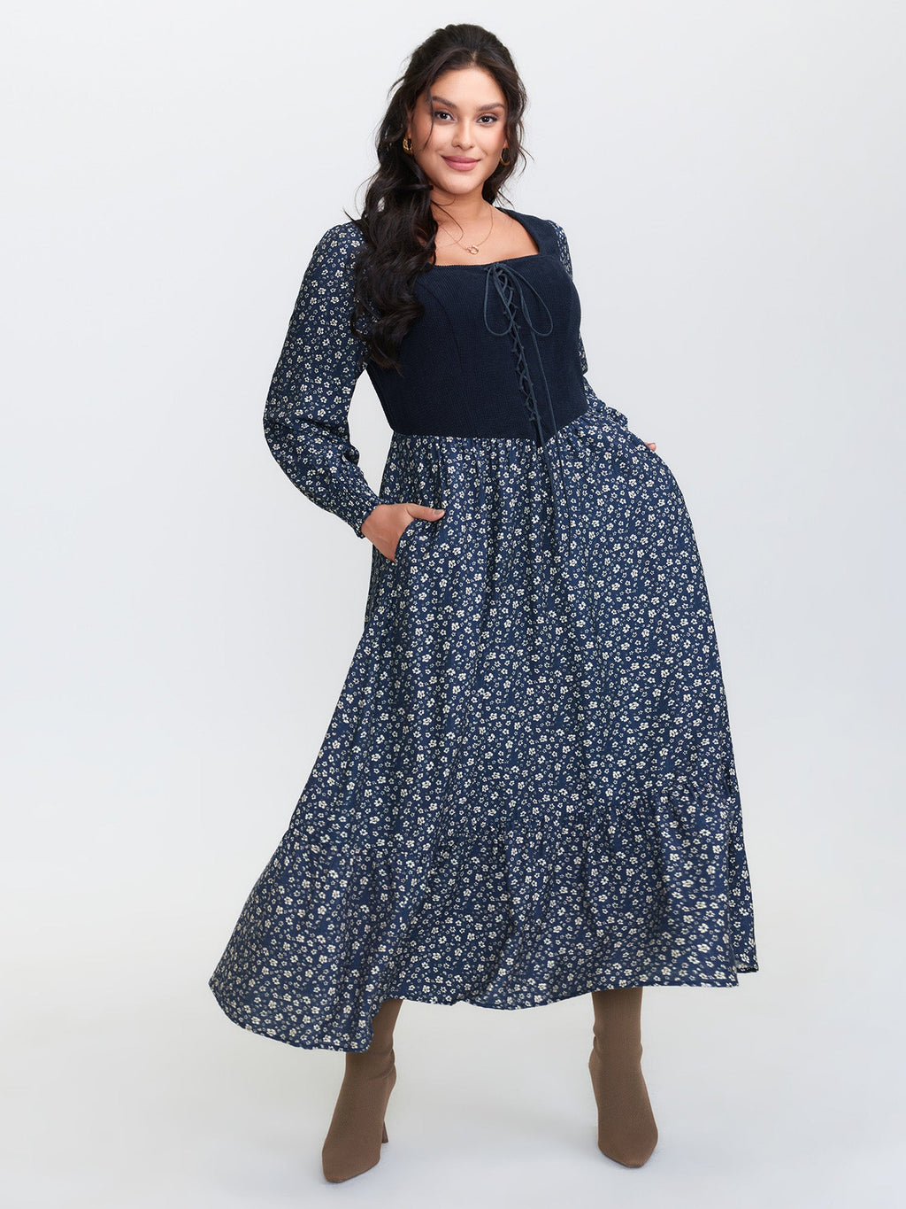 Corset Detail Shirred Floral Pockets Midi Dress