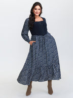 Corset Detail Shirred Floral Pockets Midi Dress