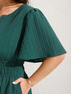 Textured Shirred Cinched Waist Midi Dress