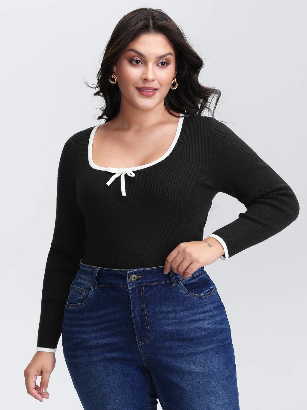 Square Neck Bowknot Fitted Pullover