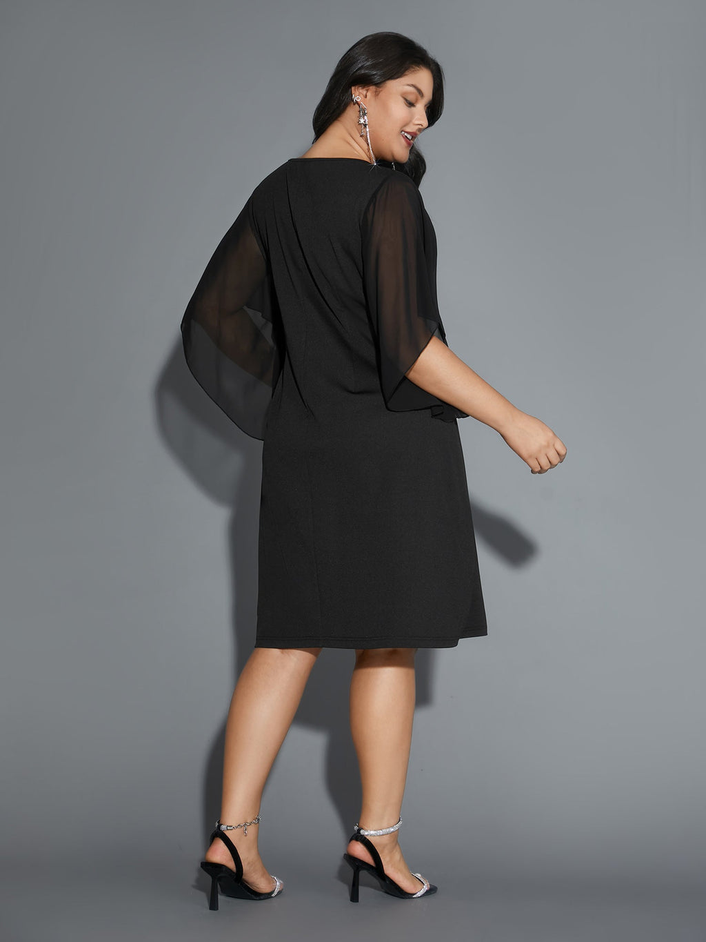 Rhinestone Ruffle Sleeve Mesh Patchwork Dress