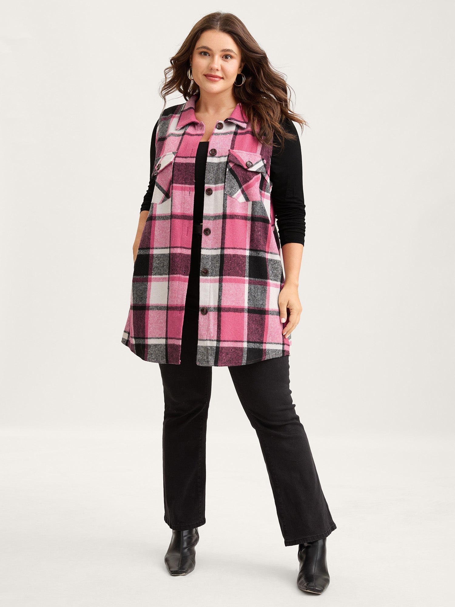 Plaid Flap Detail Sleeveless Jacket