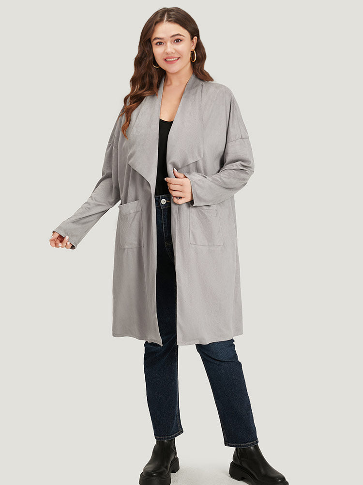 Solid Lapel Collar Patched Pocket Faux Suede Coat