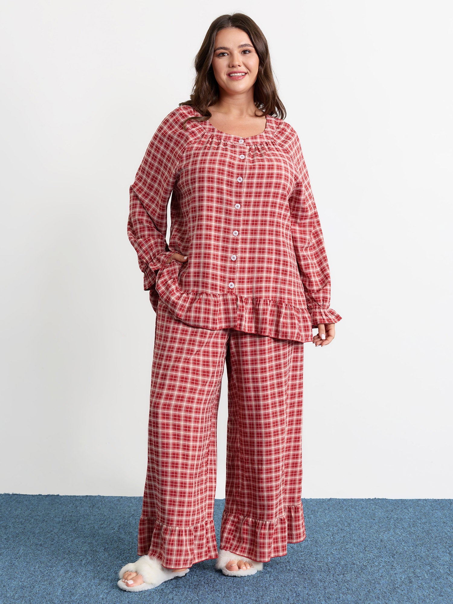 Gingham Ruffled Hem Loungewear Set