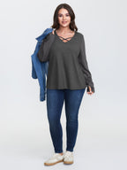 Textured Stretchy Cut-Out Neckline T-Shirt