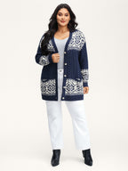 Cable Knit Floral Jacquard Pockets Knit Cardigan