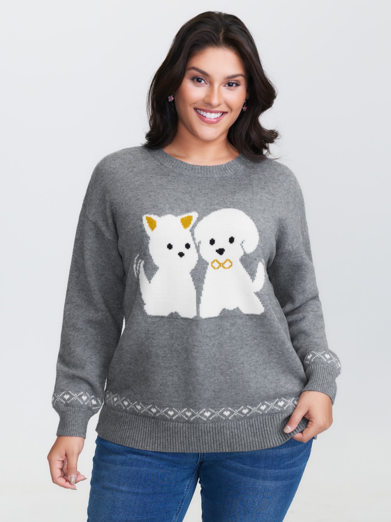 Happy Animal Pattern Jacquard Pullover