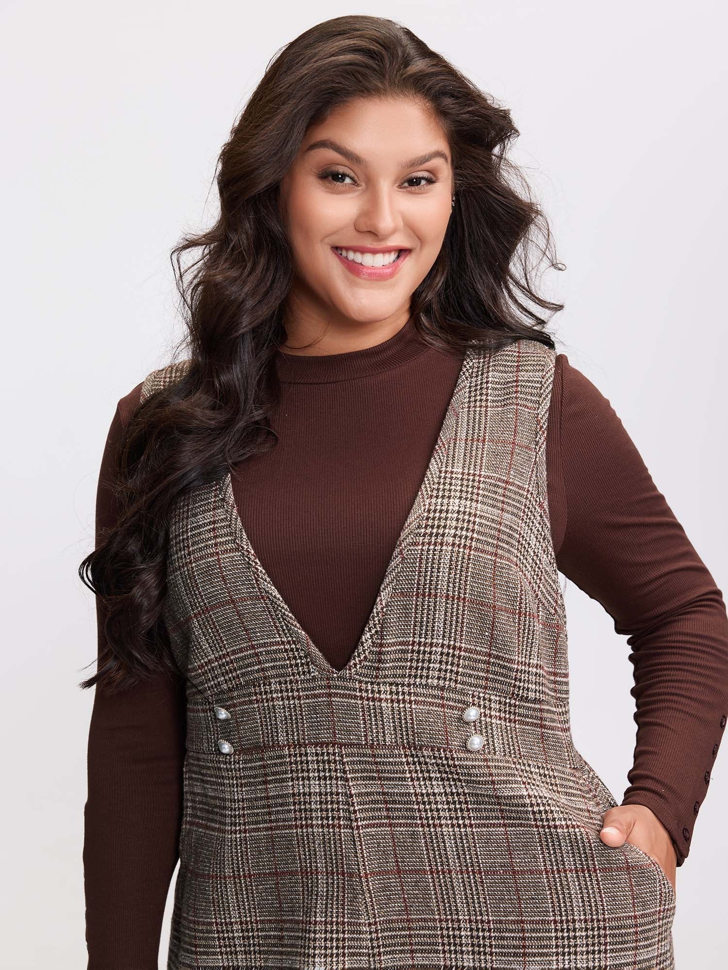 Plaid Button Detail V-Neck Jumpsuit