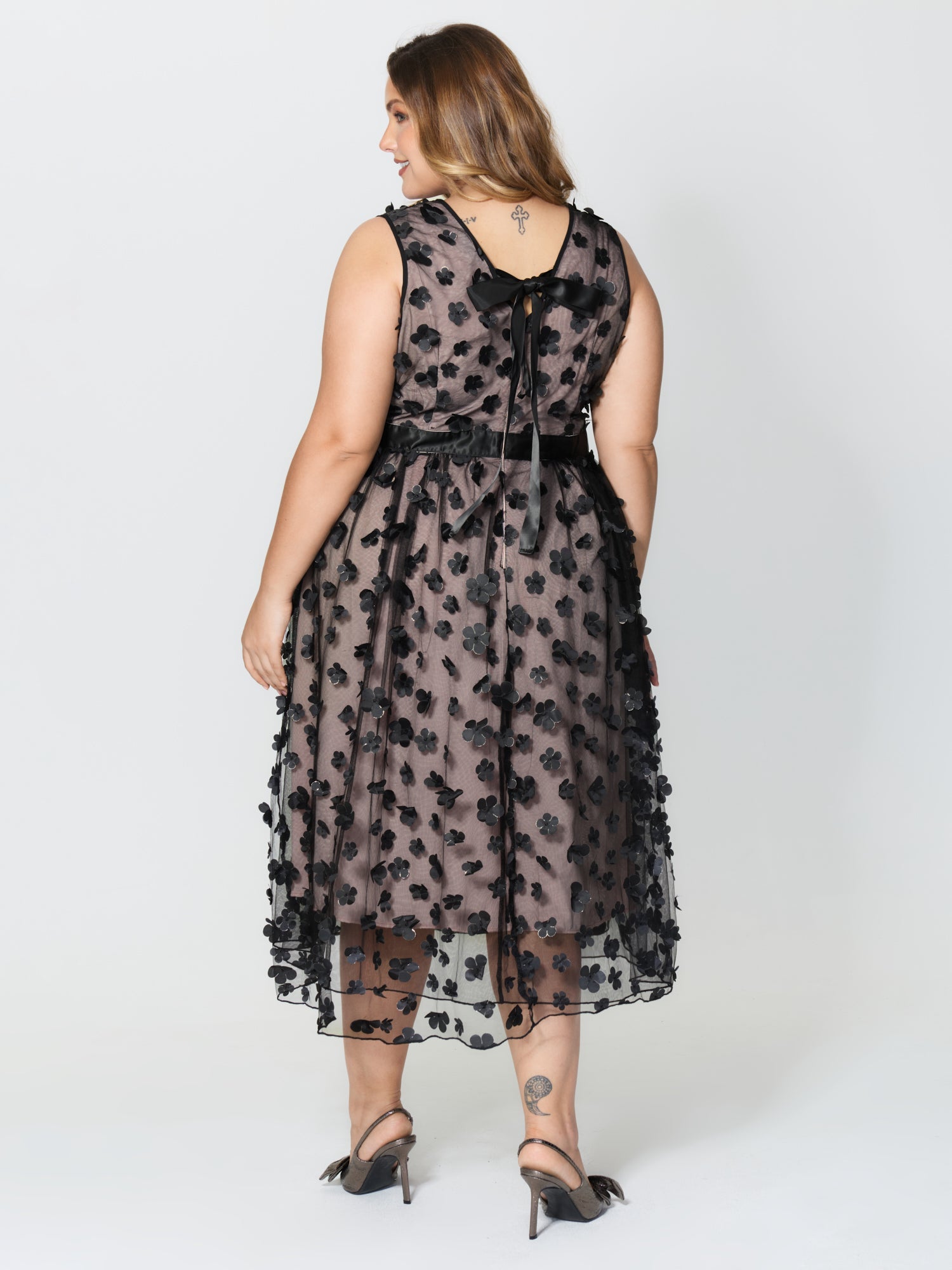 3D Floral Back-Tie Sheer Midi Dress