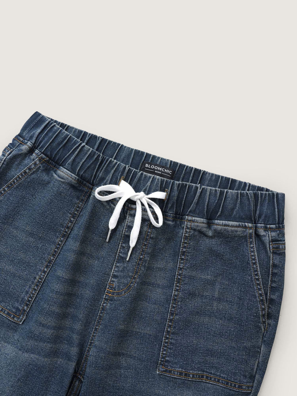 Drawstring Elastic Waist Roll Hem Jeans