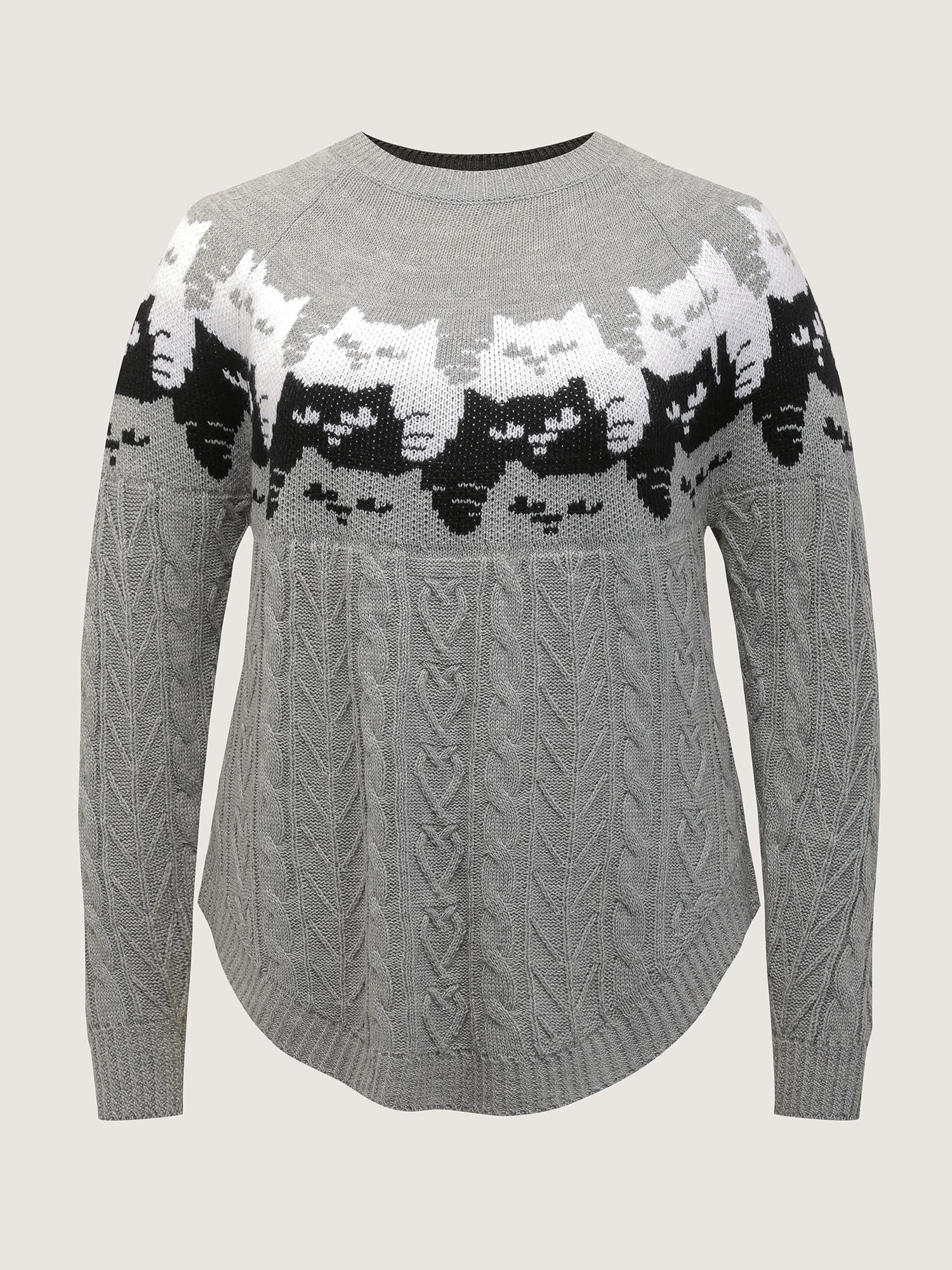 Color Block Cat Pattern Arc Hem Pullover